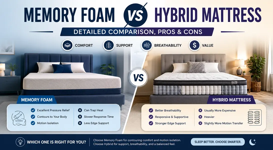 Memory Foam vs Hybrid Mattress: Detailed Comparison, Pros & Cons